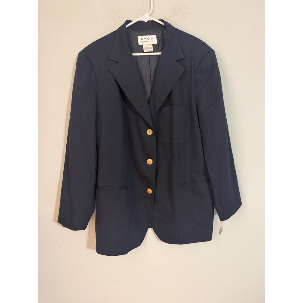 Vintage Avon Navy Blue Wool Blend‎ Blazer Gold Crest Buttons Plus Size 20W